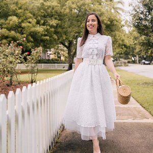 Halogen x Atlantic Pacific Embroidered White Bow Midi Dress Sz 8 vintage wedding